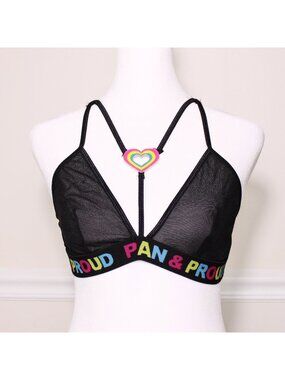 PAN Heart Metal Charm Pansexual Pride Sheer Black Bralette Festival Size S/M